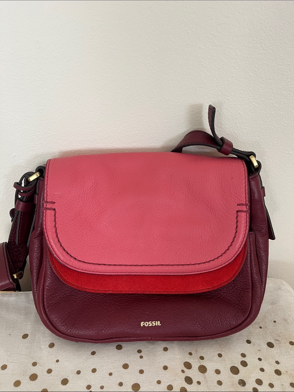 Fossil Pink, Red & Burgundy Leather Colorblock Crossbody Bag